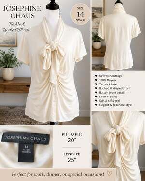Josephine Chaus Tie Neck Ruched Blouse Cream Size 14